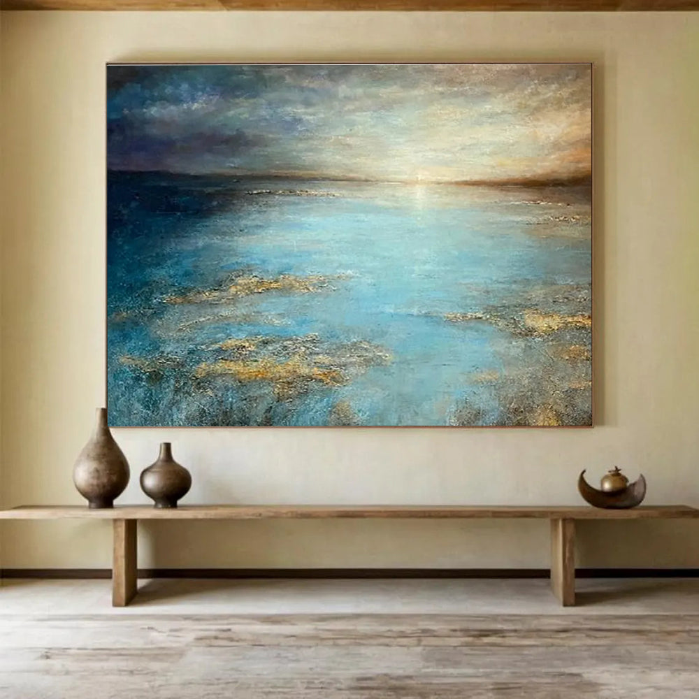 “Tranquil Blue Sea” - Blue, Gray & Gold Seascape, Impressionistic Oil Painting On Canvas DKS771
