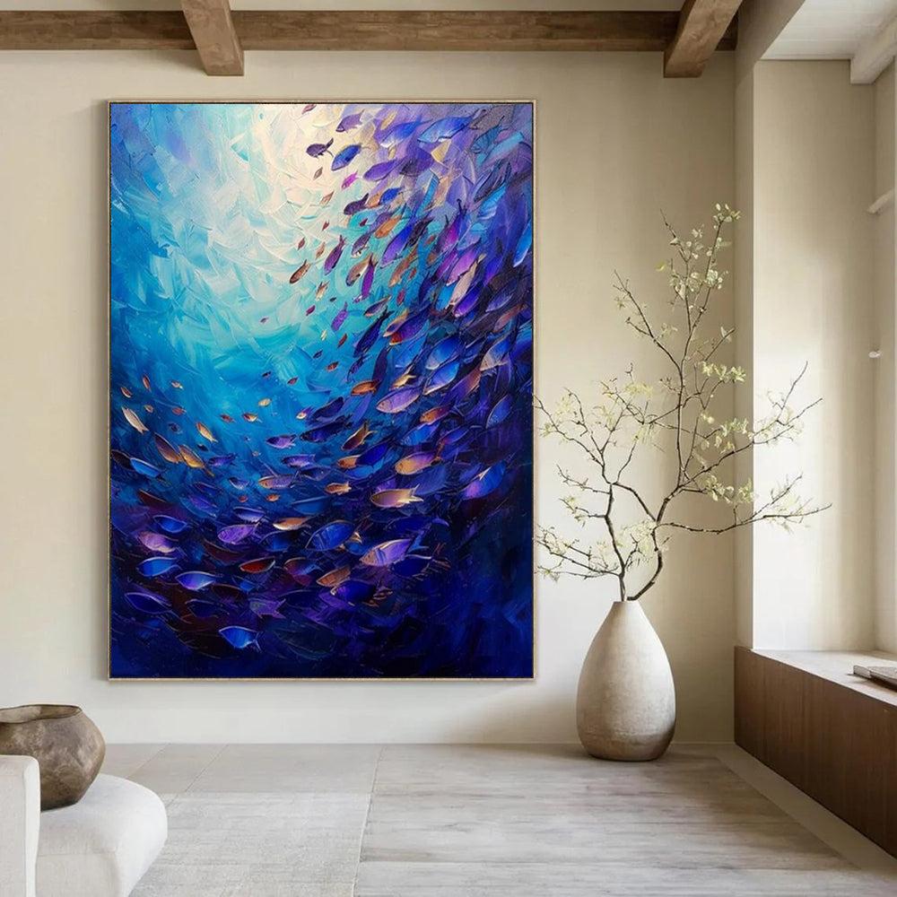 Blue - Hued Underwater Scene with Colorful Fish "Oceanic Symphony" Oil Painting On Canvas PS1064