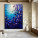Blue - Hued Underwater Scene with Colorful Fish "Oceanic Symphony" Oil Painting On Canvas PS1064