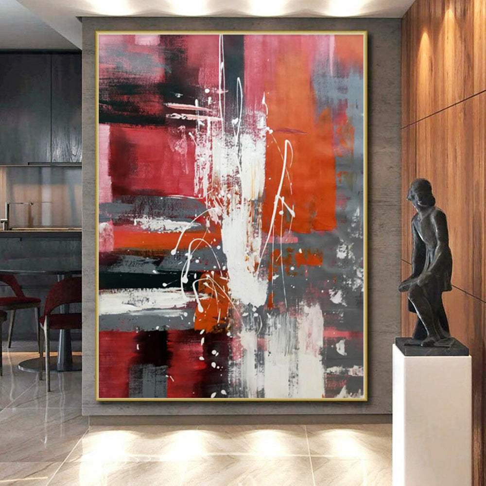 “Red - Grey - White Abstract Energetic Splashes” - Dynamic Abstract Painting On Canvas PS0313