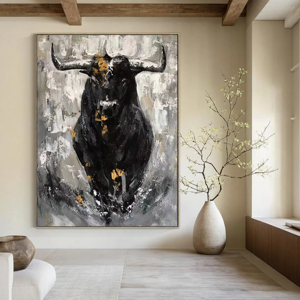 “Black - White - Gold Bull Portrait” - Expressionist Bull Painting On Canvas PT1971