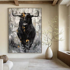 “Black - White - Gold Bull Portrait” - Expressionist Bull Painting On Canvas PT1971