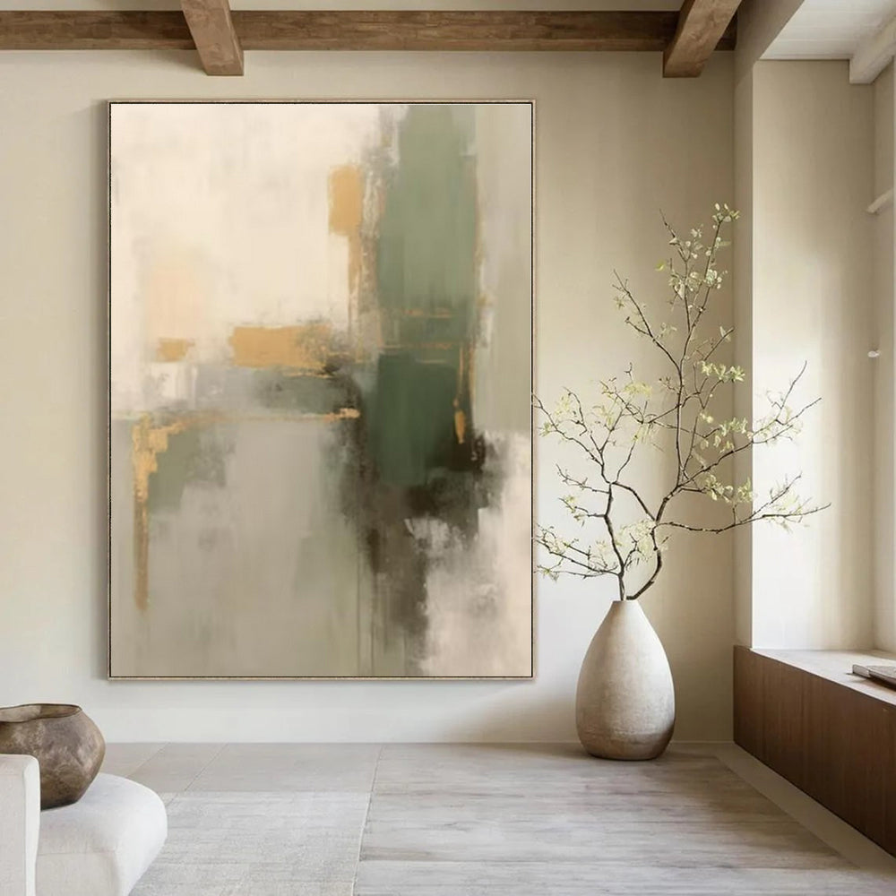 Gray, Gold, Green with Abstract Shapes "Gilded Greens Revisited" Abstract Painting On Canvas PS1292
