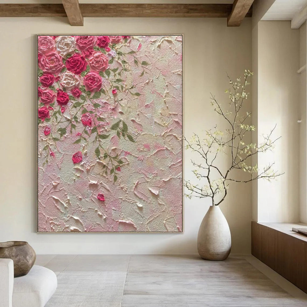 Pink, Green with Textured Roses "Tactile Blooms" Abstract Painting On Canvas PS1450