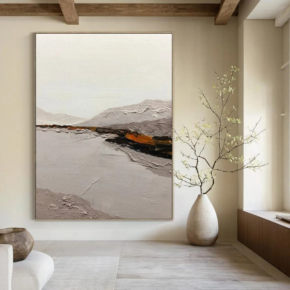 “Neutral Tones Landscape: Grey, White, and Subtle Orange” - Textured Landscape Painting On Canvas DS401