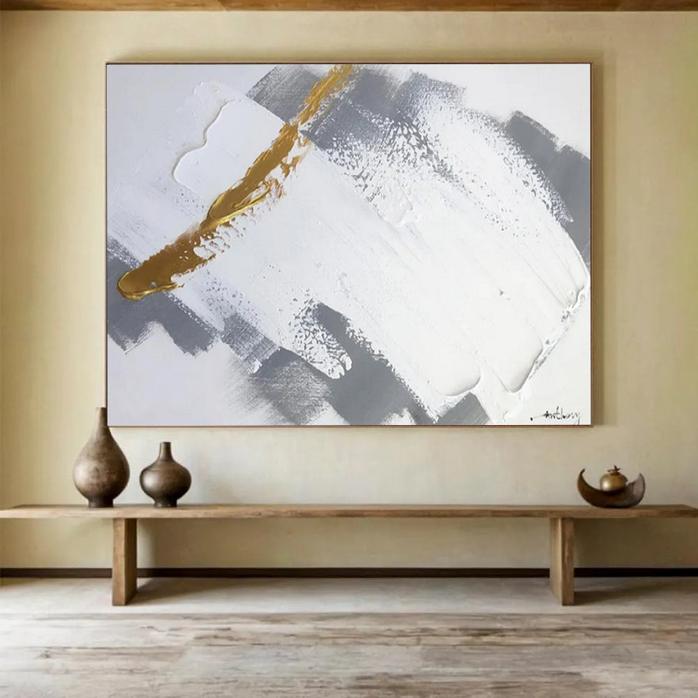 “Gold - Gray - White Geometric Abstract” - Golden - Gray Abstract Painting On Canvas PT1568