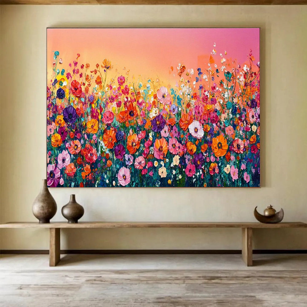 Rainbow Meadow - Vibrant Floral Oil Painting, Great for Game Room & Outdoor Lounge DKS680