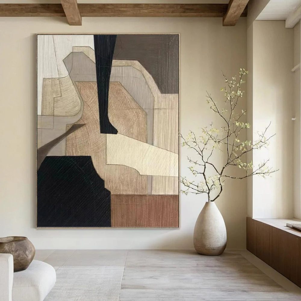 “Wood - Toned Geometric Abstraction” - Brown and Beige Geometric Painting On Canvas PT1071