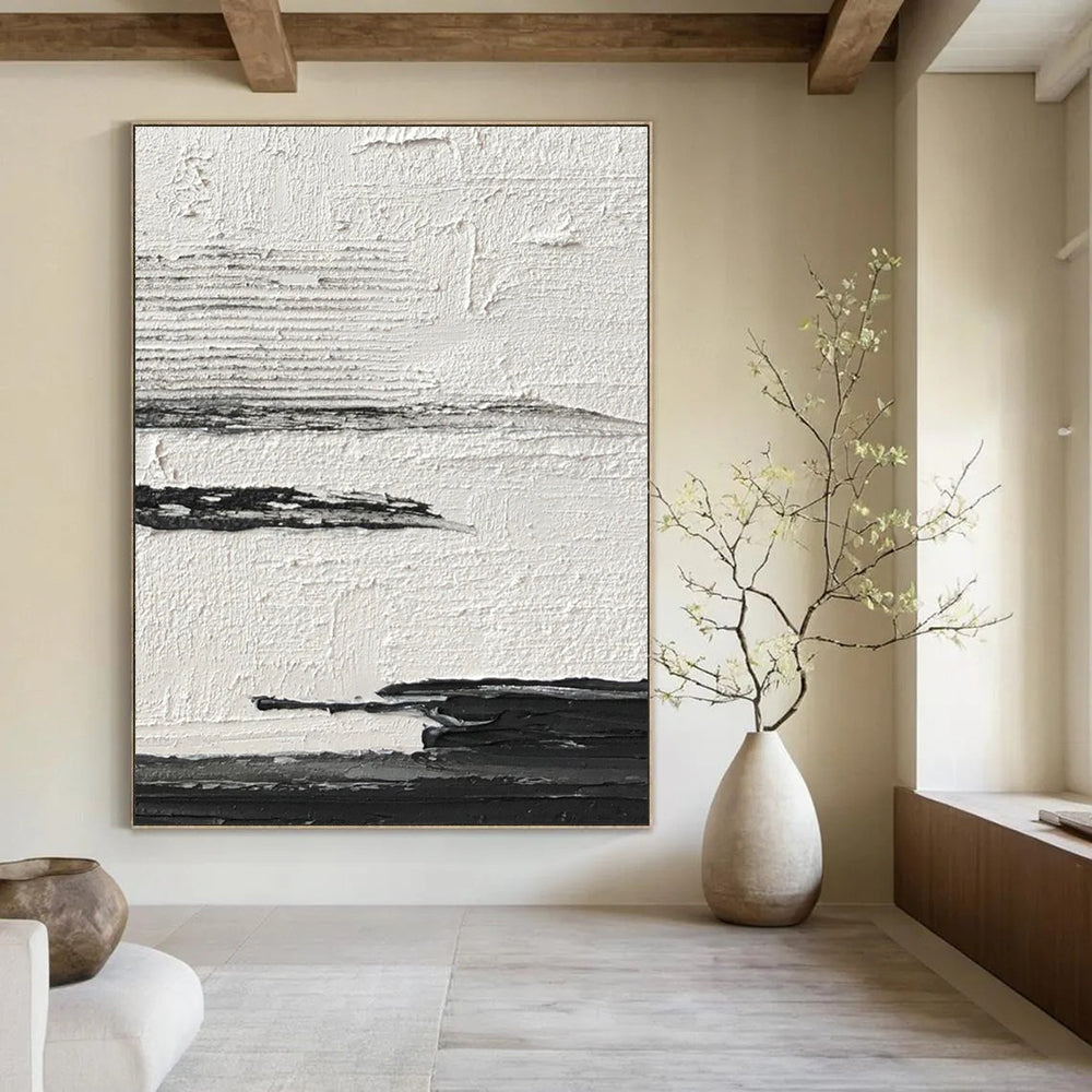 “Textured Black and White Horizons” - Layered Minimalist Painting On Canvas DS369