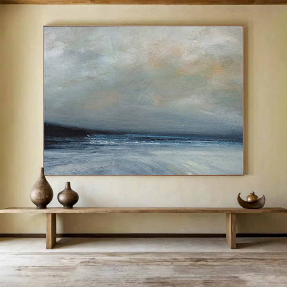 “Moody Seaside Landscape in Cool Tones” - Atmospheric Oil Painting On Canvas PT022