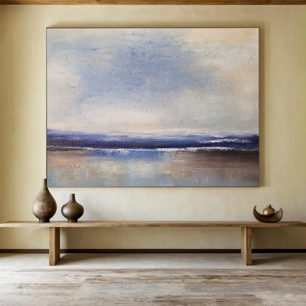 “Soft Coastal Horizon in Blues and Neutrals” - Minimalist Seascape Oil Painting On Canvas PT037