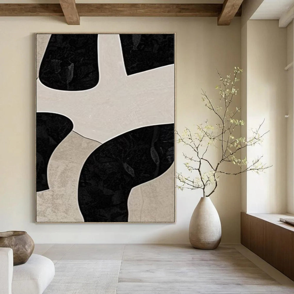 Beige and Black Organic Shapes "Mystic Puzzle" Modern Abstract Painting On Canvas PS1099