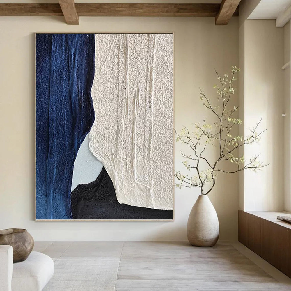 “Blue, White, and Black Textured Layers” - Abstract, Minimalist - Toned Painting On Canvas PT1547