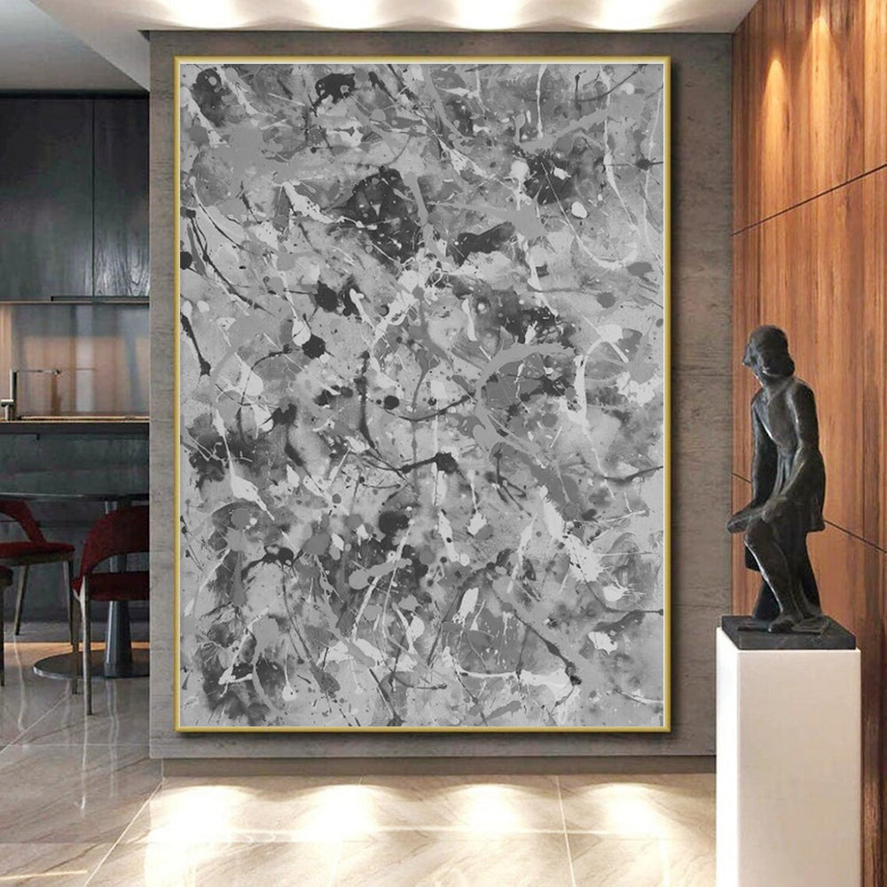 “Gray - White Splatter Abstraction” - Gray, White Abstract Painting On Canvas PS0478