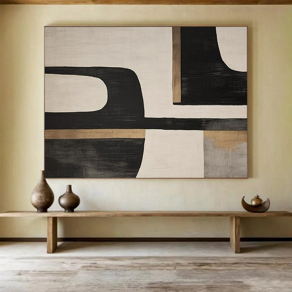 “Black - Beige Geometric Forms” - Abstract Modernist - Painting On Canvas PT1734