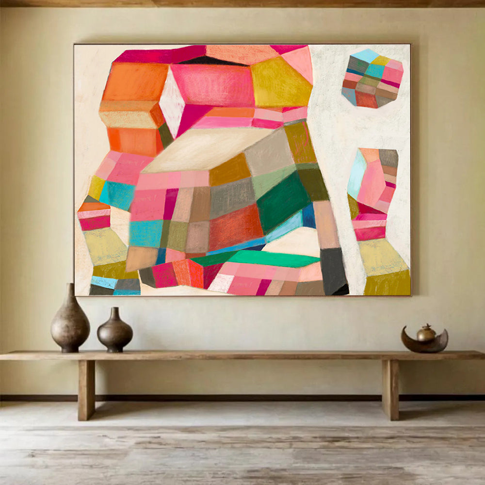 Colorful Geometric Cubist - Inspired Abstract Painting On Canvas DKS070