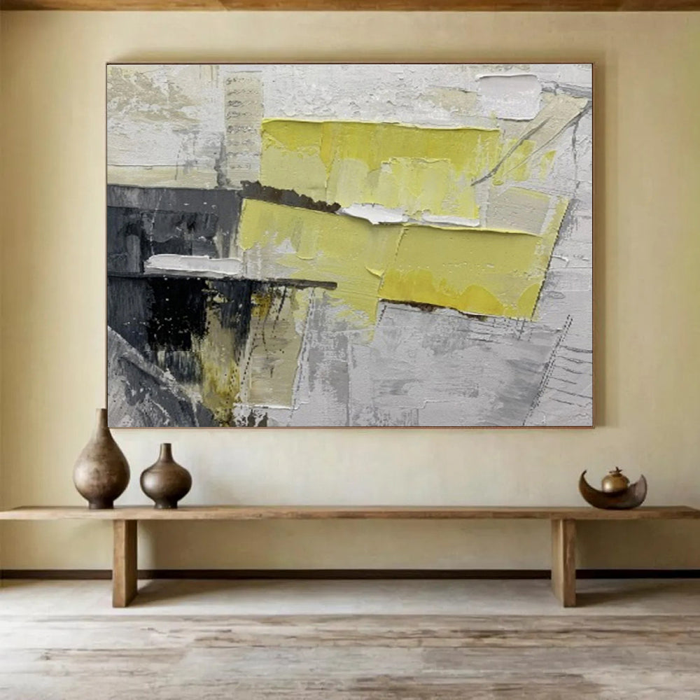 “Yellow and Gray Abstract Collage” - Abstract Mixed - Media Painting, Perfect for Office & Studio DKS595