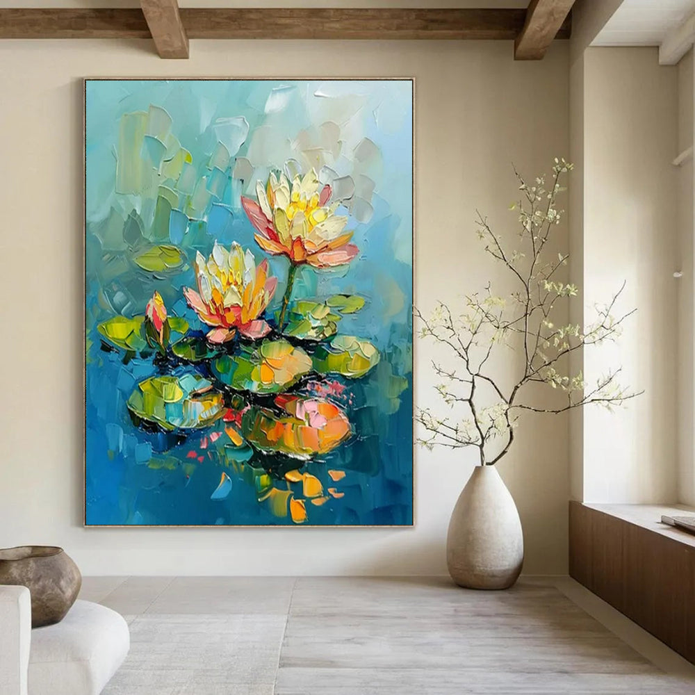 “Colorful Water Lilies” - Impasto Floral Painting On Canvas PT2240