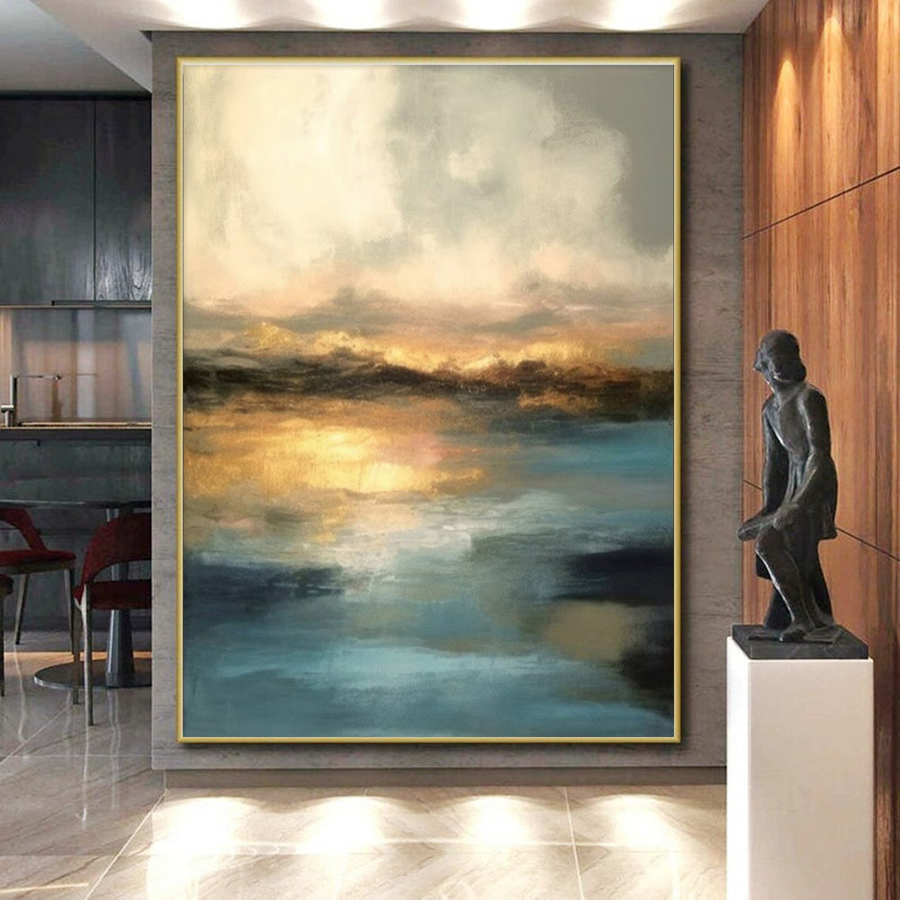 “Golden Horizon” - Blue, Gold, Gray Abstract Landscape Painting On Canvas PS0621