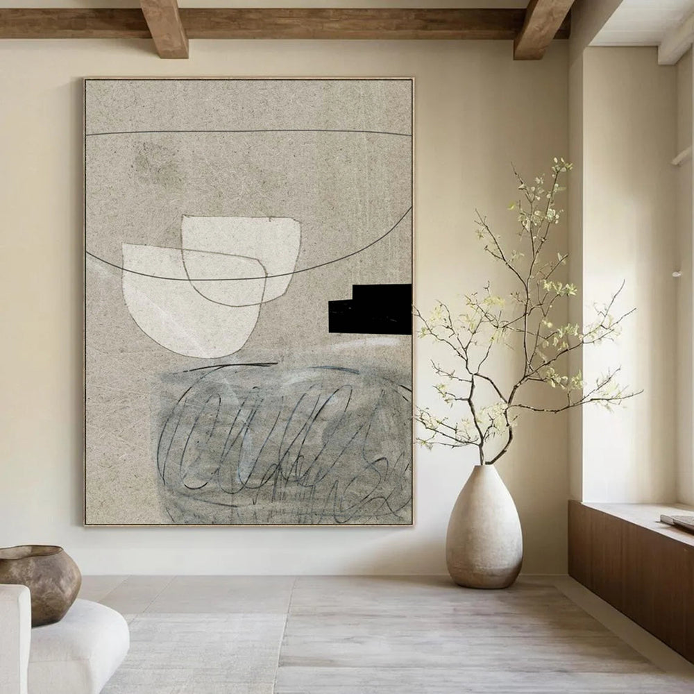 “Neutral Collage - Style Abstract” - Mixed Media on Beige Painting On Canvas DS238