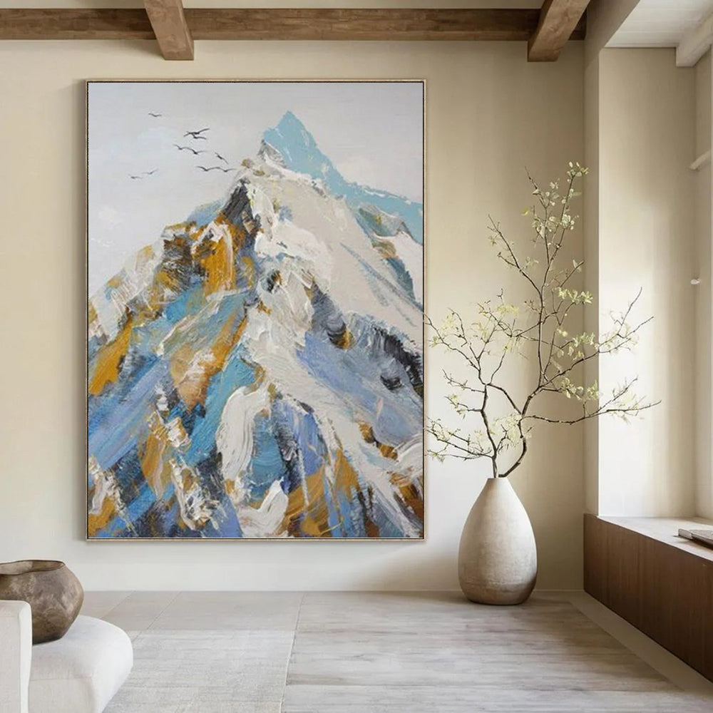 “Snowy Mountain: Blue, White, and Gold Abstract” - Bold Landscape Art On Canvas PT0955