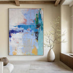 Blue, Green, Yellow, White with Playful Strokes "Seaside Crayon" Abstract Painting On Canvas PS1386