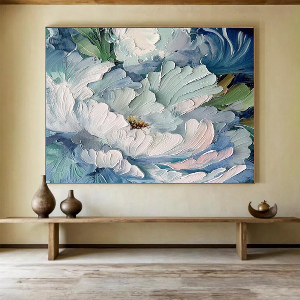 Aqua Peonies - Textured Floral Oil Painting, Ideal for Bathroom & Sunroom DKS675