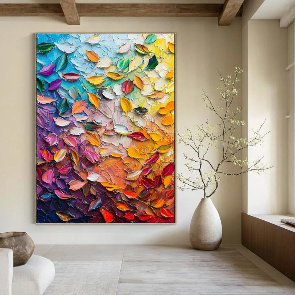 “Colorful Impasto Leaf Collage” - Abstract Painting On Canvas PT2071