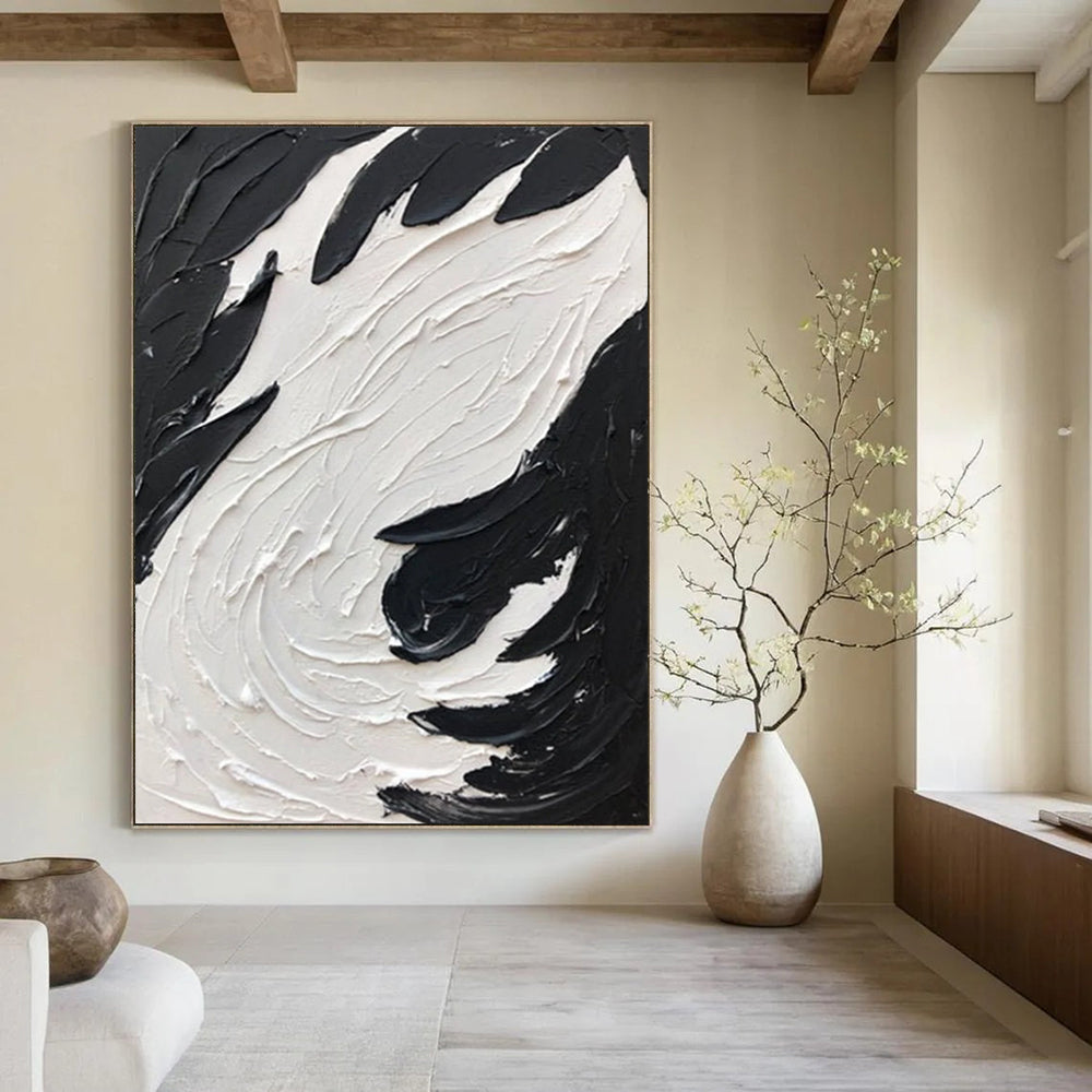 “Swirling Textures: Black and White Abstract” - Energetic Abstract Painting On Canvas DS398