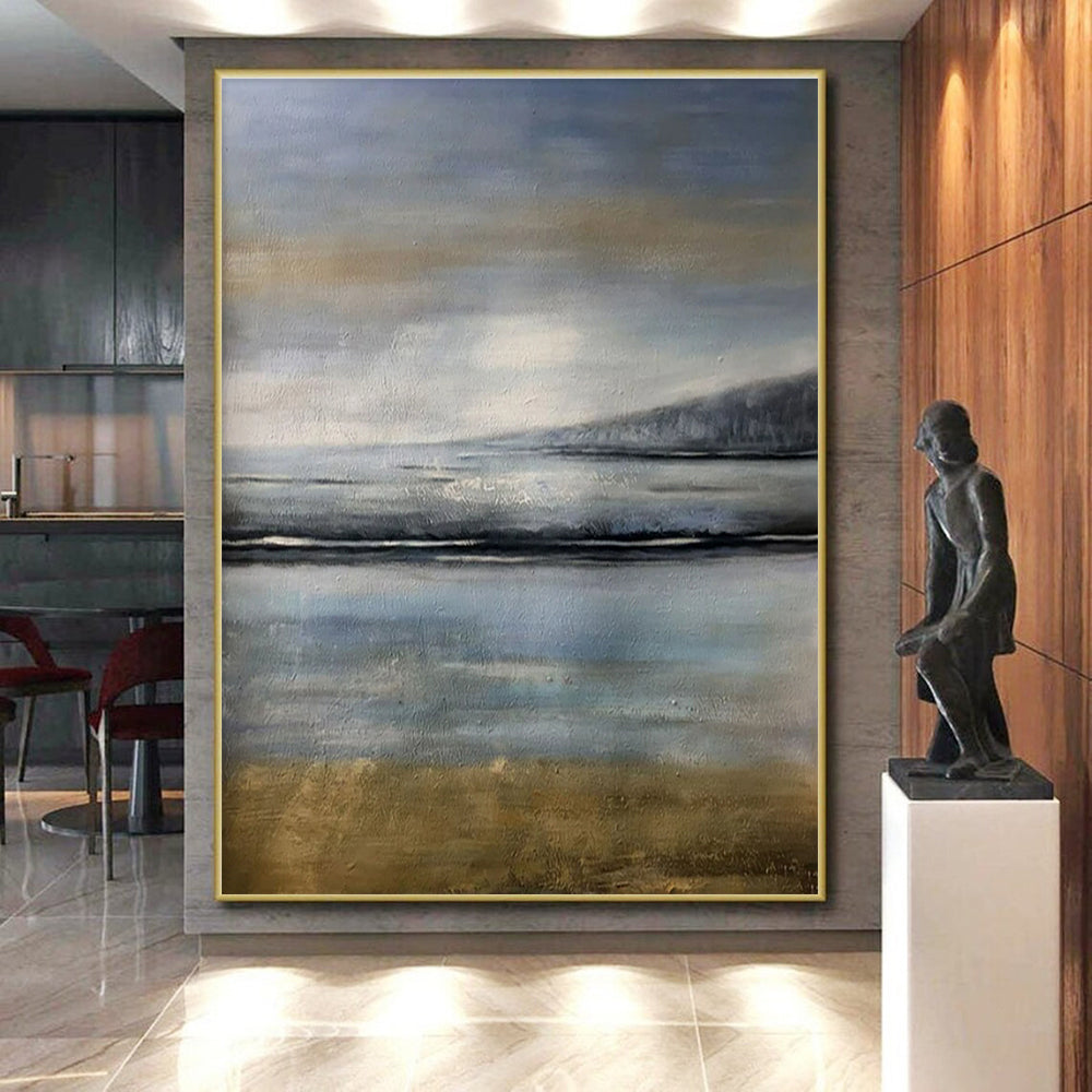 Calm Blue - Gray Seascape, "Silent Shores" – Abstract Landscape Painting On Canvas PS0908