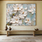 “Blossoming Serenity” - White, Green & Blue Floral, 3D - Textured Flower Acrylic Painting On Canvas DKS686