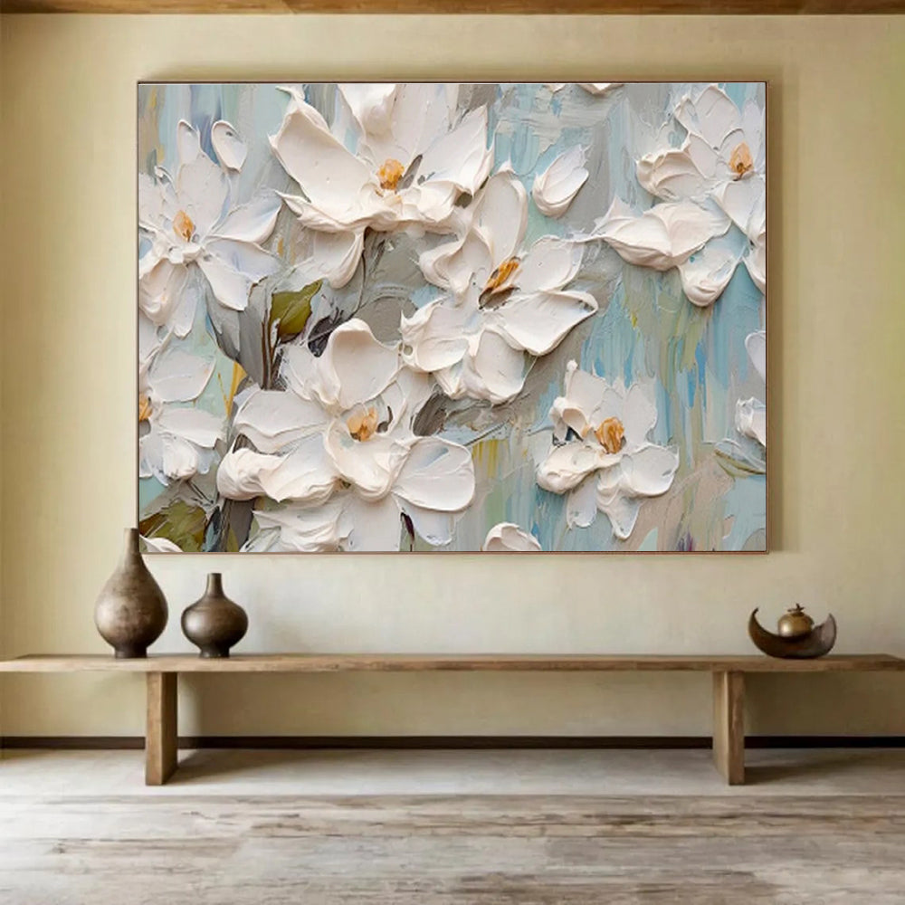 “Blossoming Serenity” - White, Green & Blue Floral, 3D - Textured Flower Acrylic Painting On Canvas DKS686