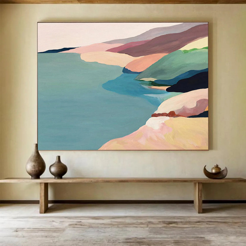 “Pastel Coastal Hills” - Blue, Pink & Beige Landscape, Minimalist Oil Painting On Canvas DKS741