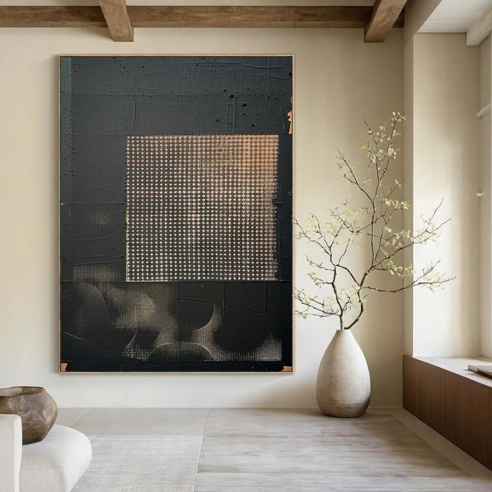 “Black & Gold Grid Abstract” - Geometric Abstract Painting On Canvas DS306