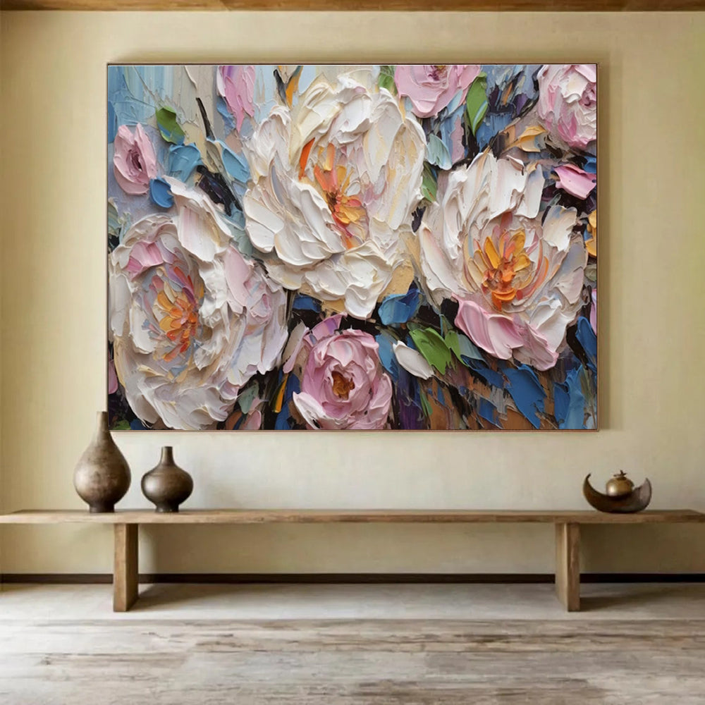 “White and Pink Peonies with Blue Accents” - Impasto Oil Painting On Canvas DKS891