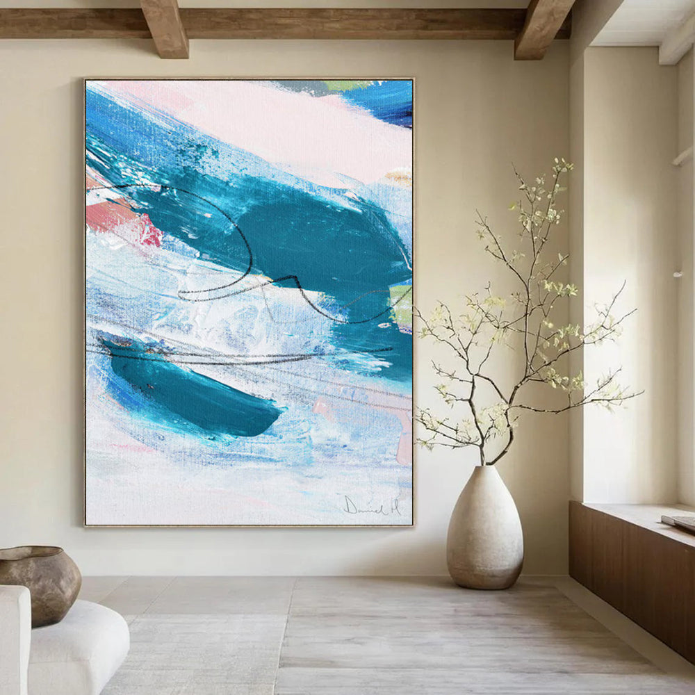 “Blue - Swirl Abstract” - Dynamic Blue Strokes & Black Lines Painting On Canvas DS151