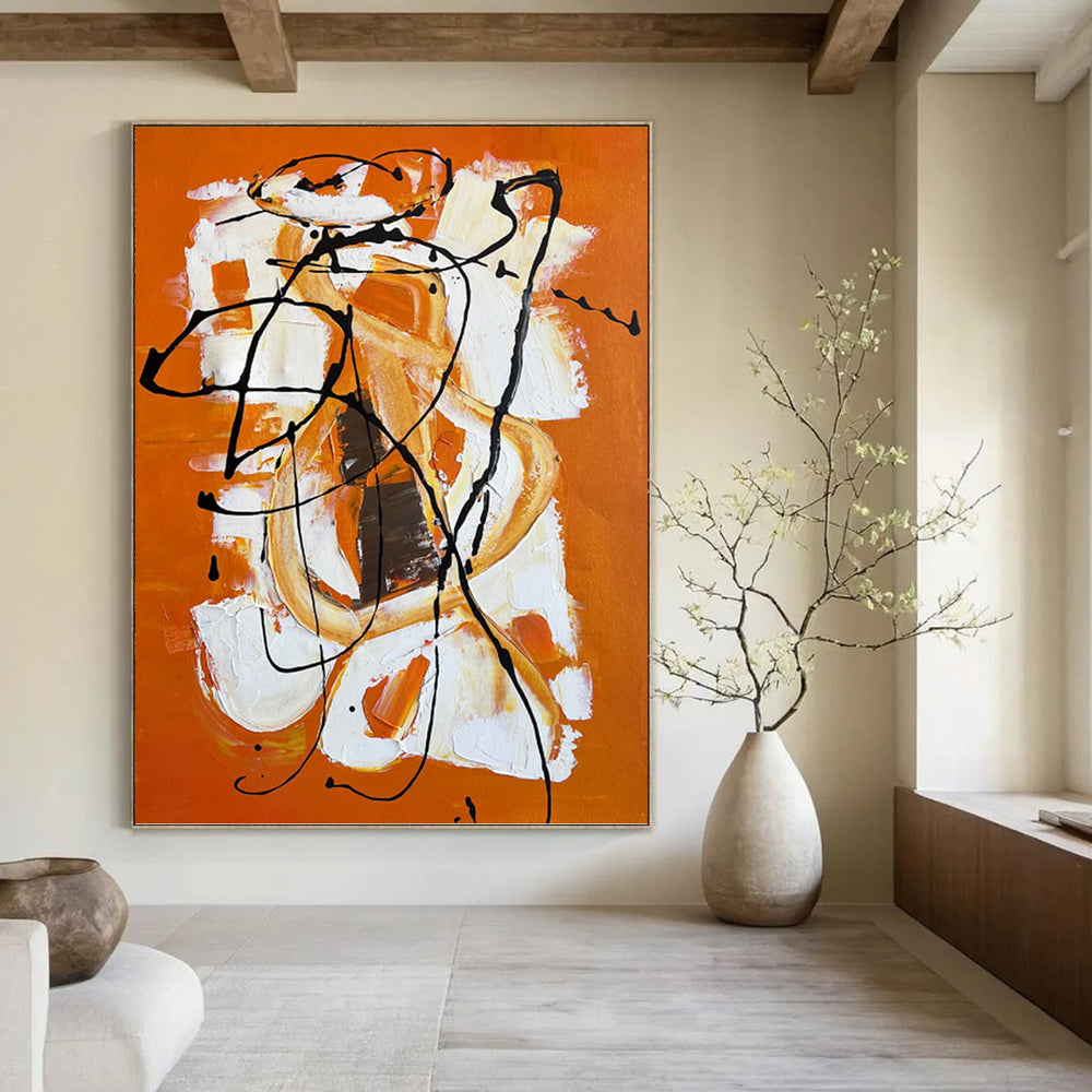 “Orange - White - Black Abstract Swirls” - Abstract Expressionist Painting On Canvas PT1221
