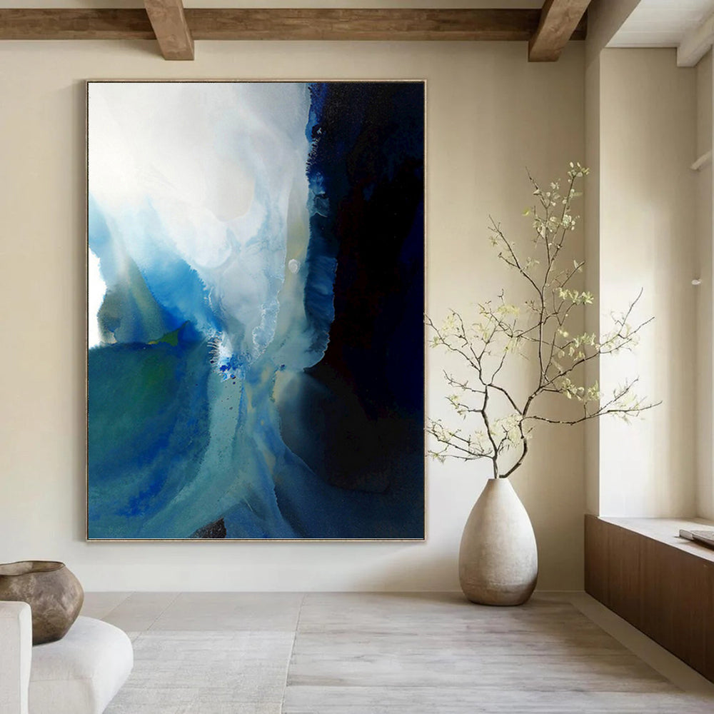 “Blue - White Fusion: Abstract Watercolor Flow” - Expressive Watercolor Painting On Canvas PT0941
