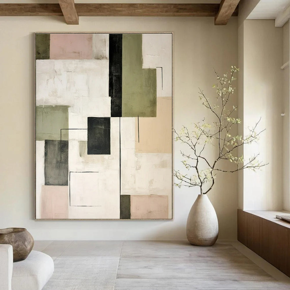 Green, Gray, Black, Beige, Pink with Geometric Forms "Playful Grid" Abstract Painting On Canvas PS1446