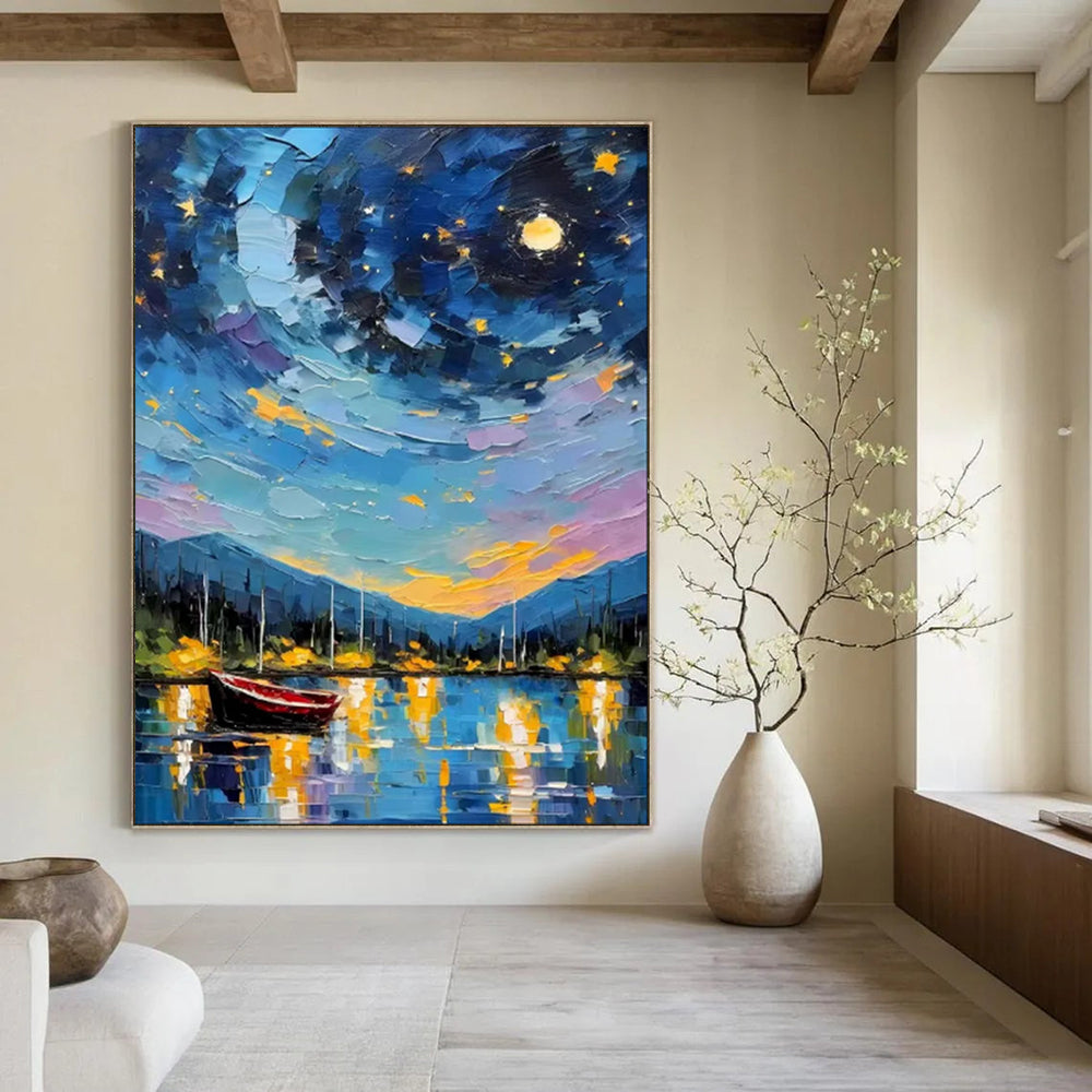 “Colorful Impasto Night Sky Harbor” - Impasto Landscape Painting On Canvas PT1886