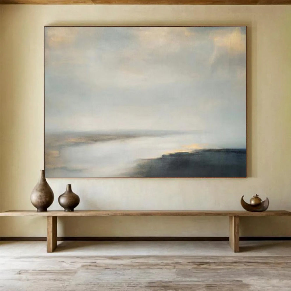Soft Grey and Beige Sky Over Calm Sea Seascape Painting On Canvas DKS108