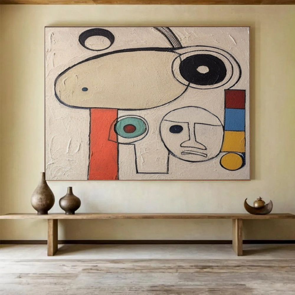 “Abstract Faces in Neutral Tones with Colorful Accents” - Miró - Inspired Whimsical Painting On Canvas PT011