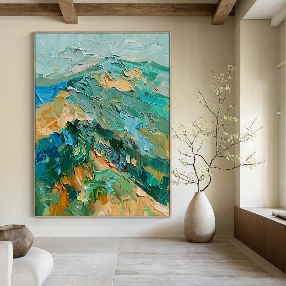 “Textured Green and Blue Impasto Landscape” - Impasto Landscape Painting On Canvas PT1938
