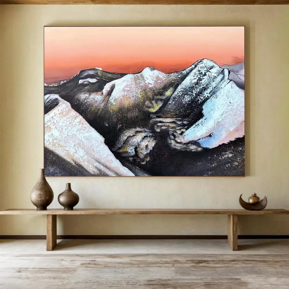 Snow - Capped Mountains & Orange Sky: Abstract Landscape Painting for Mountain - Themed Lounge & Art Gallery DKS651