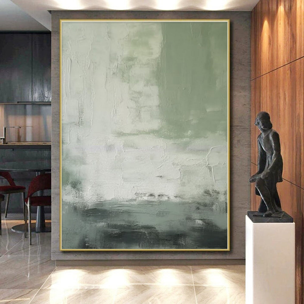 “Green - Gray - White Textured Abstraction” - Green, Gray, White Abstract Painting On Canvas PS0523