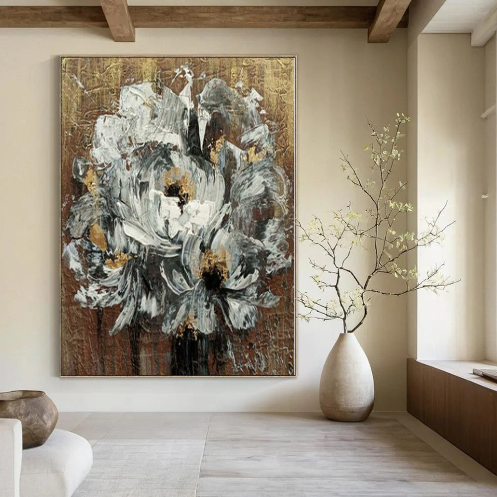 White, Gray, Gold with Textured Flowers "Gilded Blooms" Abstract Floral Painting On Canvas PS1194