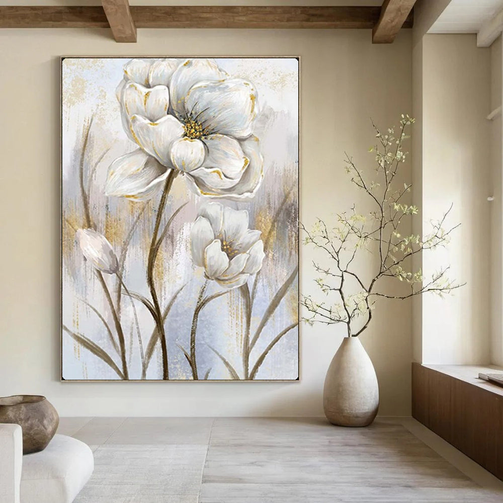 White Flowers with Gold Accents, Van Gogh - Inspired Brushwork, Floral Painting On Canvas PT2124