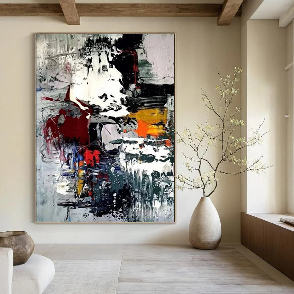 “Colorful Chaos: Red, Yellow, Gray Abstract” - Vibrant Abstract Painting On Canvas DS391