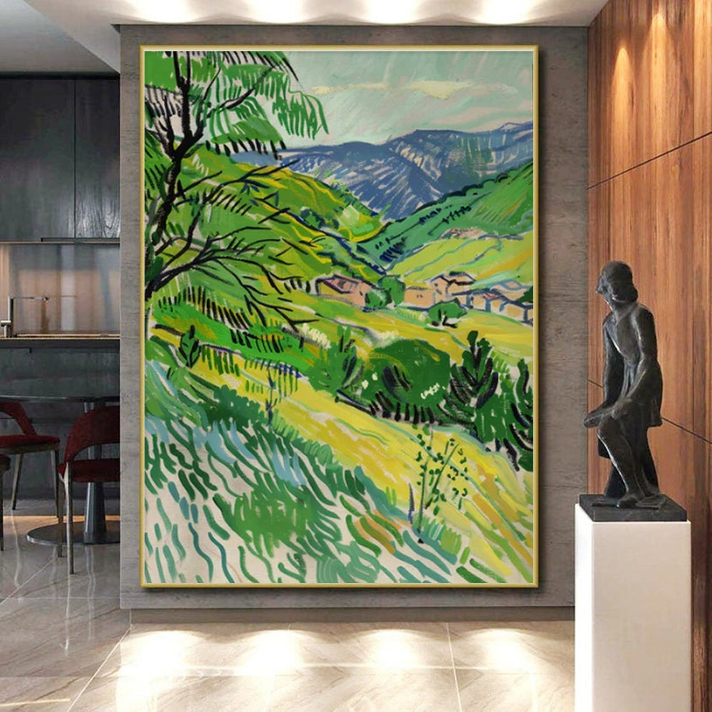 Green Valley, "Mountain Village Greens" – Post - Impressionist Landscape Painting On Canvas PS0881