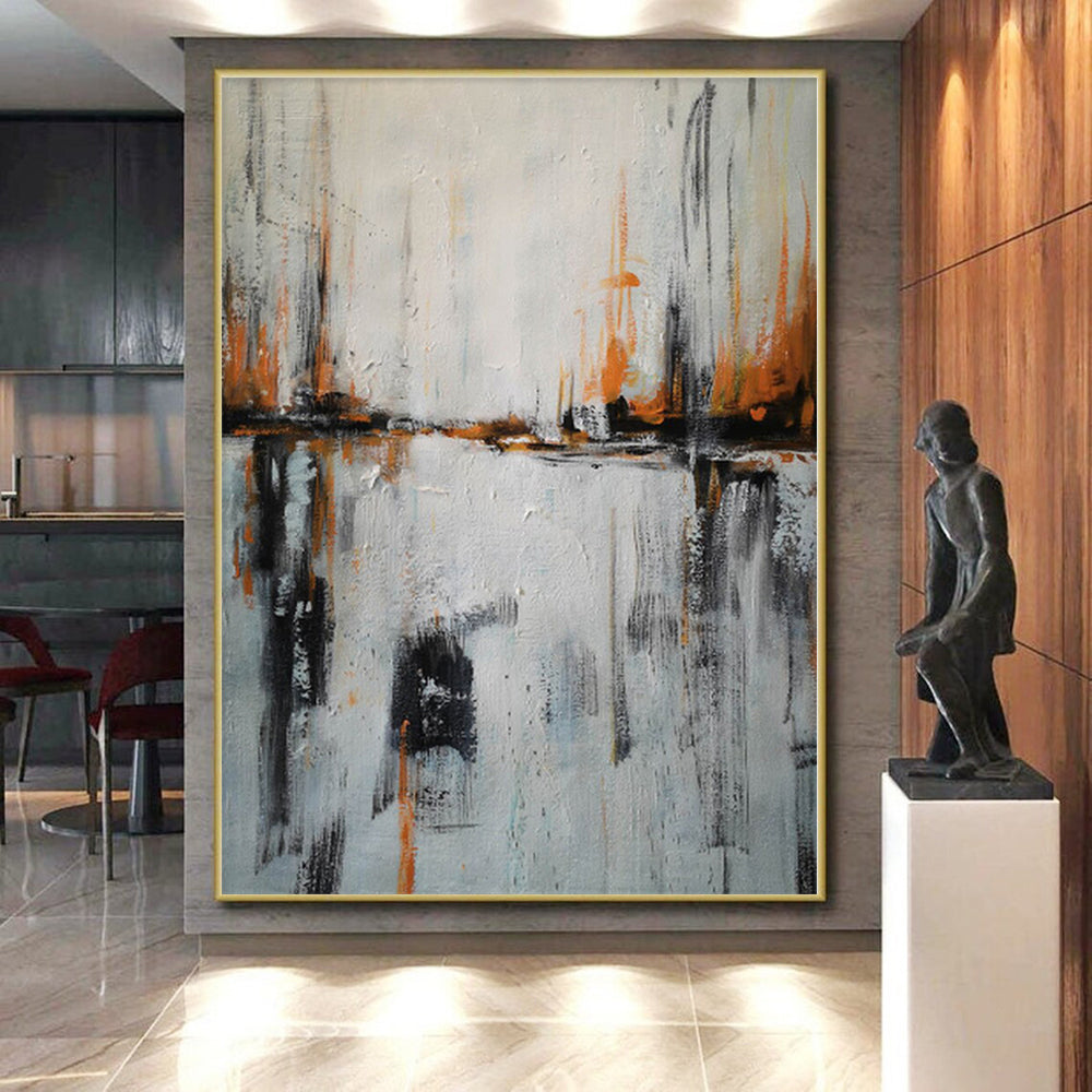 “Orange Reflection” - Gray, Orange Abstract River Scene Painting On Canvas PS0384